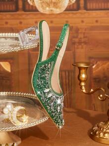 CUCCOO TILAWA Women's Crystal And Glass Rhinestone Pointed Green High-Heeled Shoes, Suitable For Going Out, Banquets, Parties And Other Activities - Green - View 7
