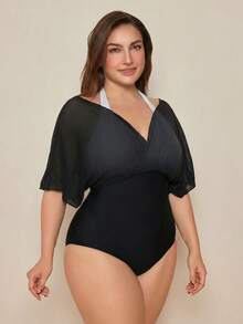Swim Basics 大尺碼女款掛脖式 2 合 1 拼接連身泳衣，適合海灘度假、泳池派對、海灘派對 - 黑與白 - 查看 5