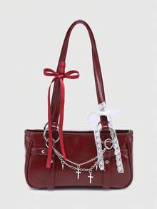 ROMWE Women's Vintage Gothic Cross Chain Detail Fashion Niche Design, Steampunk, Cool Street, Music Festival, Rock Style Bag, School, Fancy Party Halloween - dark red - View 1