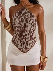Opulessa Women's Sexy Leopard Print Sequin Backless Halter Neck Top For Summer Night Out Party Vacation Brown - Coffee Brown - View 7