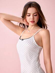 Bonmuse Women's Vintage Polka Dot Slip Dress, Spaghetti Strap V-Neck Nightgown With Ruffle Hem & Bow Accent, Bodycon Fit, Soft Breathable Fabric, Ideal Sleepwear & Loungewear For Cozy Nights & Lazy Days - White - View 6