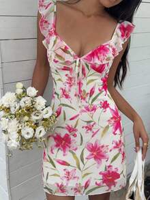 MainGRL Women's Floral Print Ruffle Hem Casual Vacation Daily Mini Dress - White - View 4