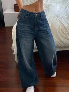 DAZY Celana Jeans Denim Wanita Kasual Model Lebar dengan Motif Washed untuk Musim Gugur - Biru - View 6