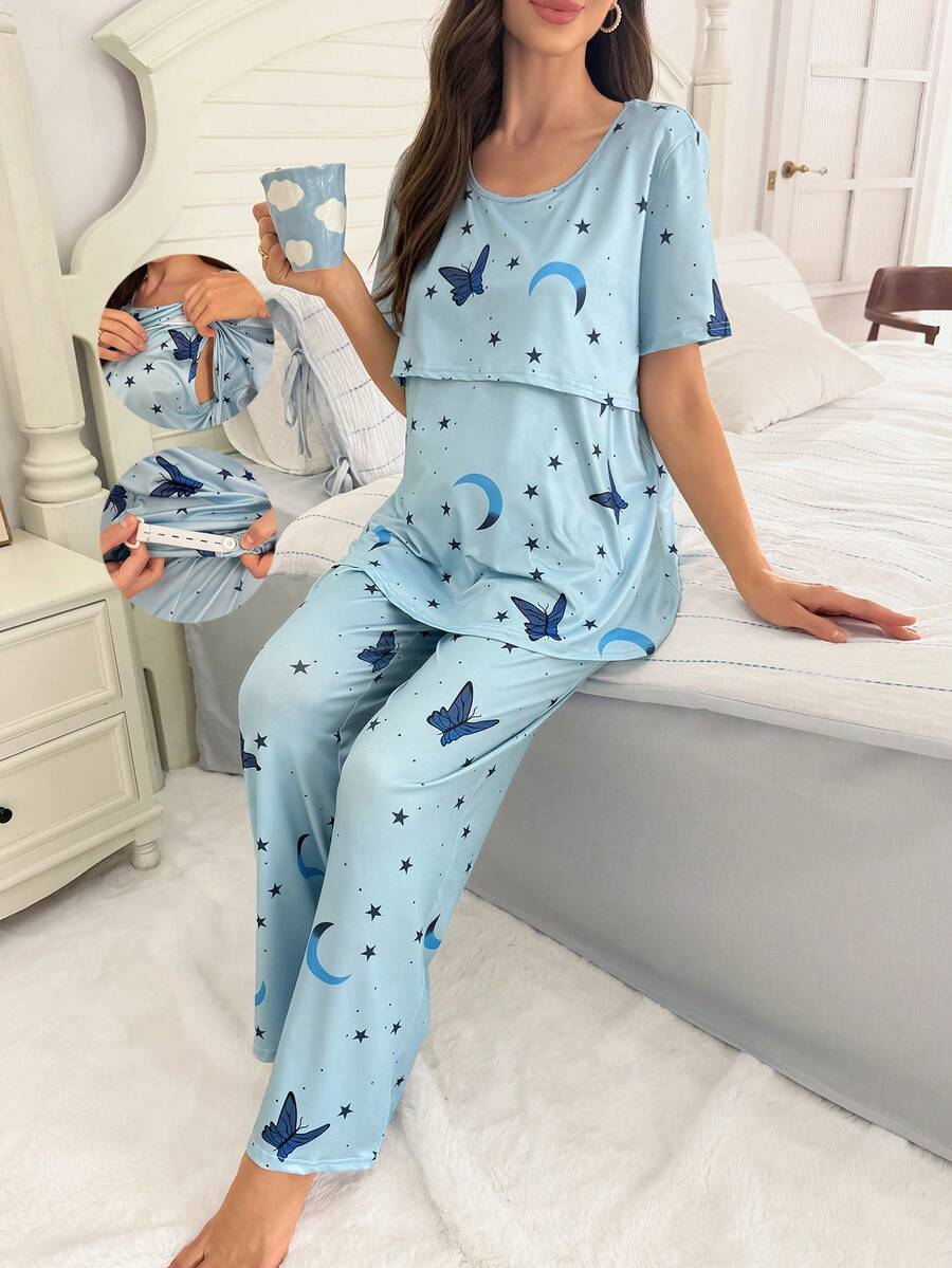 SHEIN Moonlight & Mama 春夏基礎簡約時尚藍色蝴蝶月亮星星印花哺乳設計上衣配可調式鬆緊腰長褲孕婦睡衣套裝 - 藍色 - 查看 1