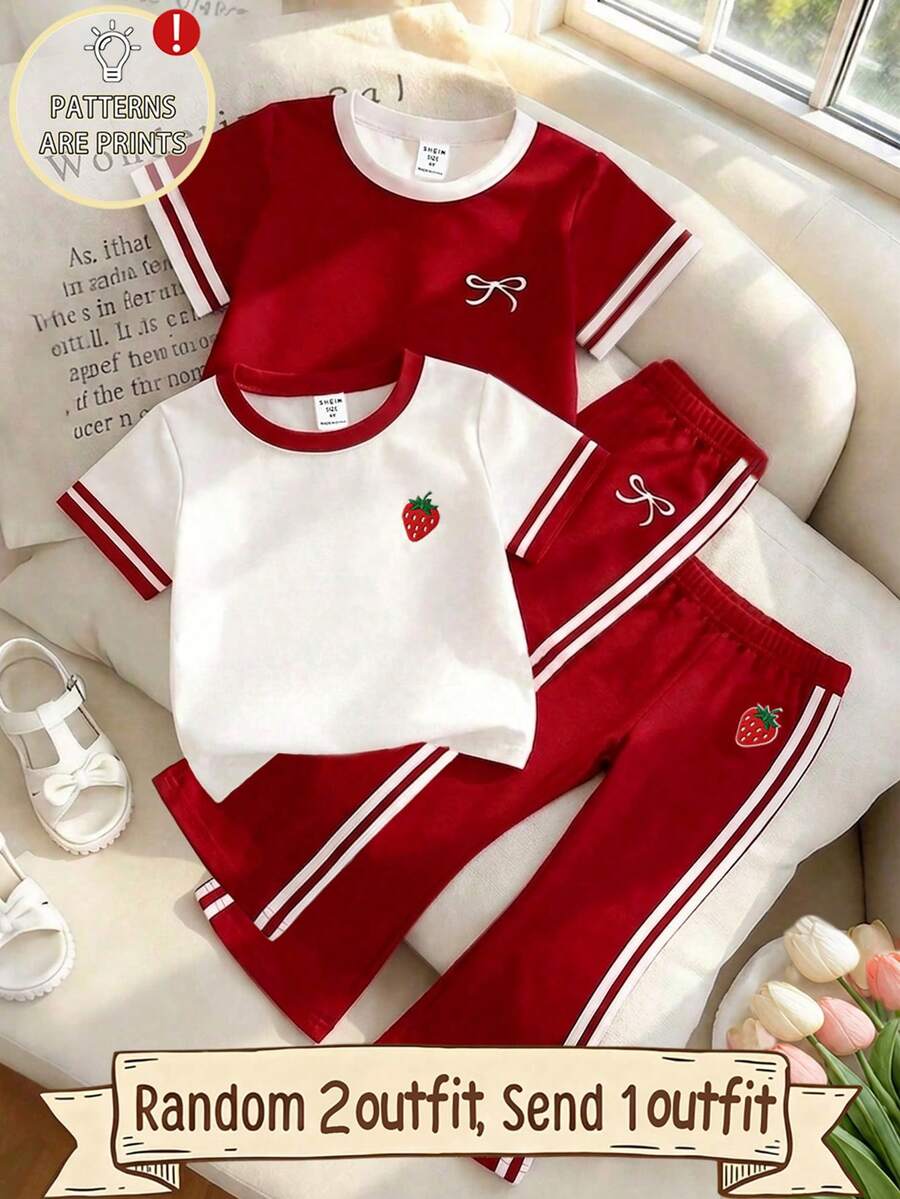SHEIN [Random 2 Sets, 1 Set Shipped]! Surprise Blind Box!!!! 2pcs/Set Girls Strawberry And Bow Print Top And Flare Pants Set, Comfortable Summer Style Cute White And Red Casual Daily Wear Fashionable Little Girls Outfit Red Set White Set Cute Daily Comfortable Sweet Kawaii - White - View 1