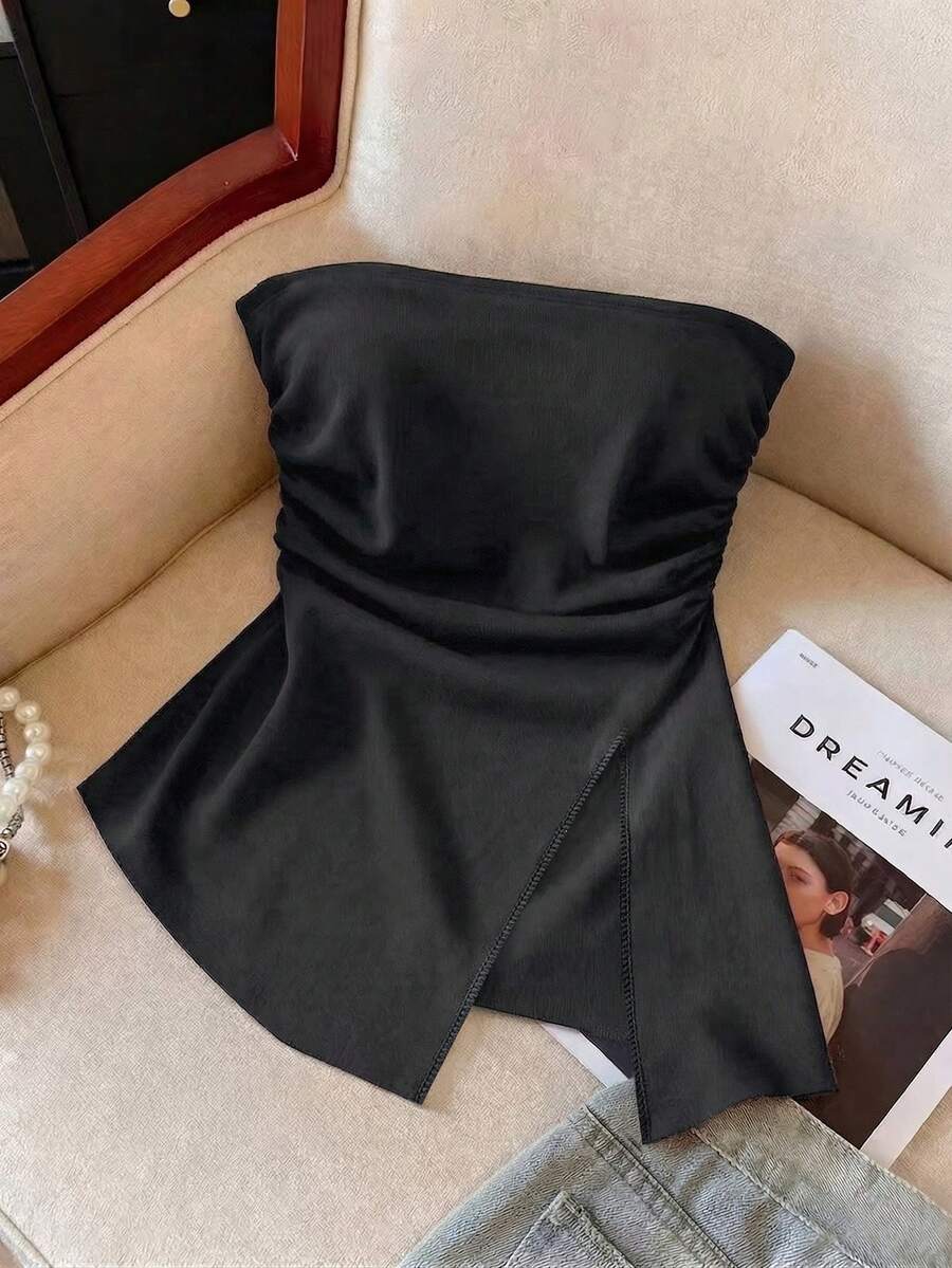 GlowEve 女款純色百褶休閒百搭日常穿搭抹胸上衣 - 黑色 - 查看 1