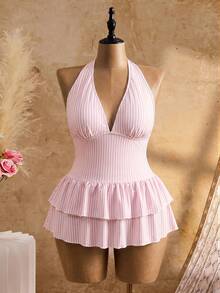 Swim Mod 2026 Neues Sommer Strandurlaub Saison Süßes Damen Rosa und Weiß Gestreiftes Rückenfrei Spaghettiträger Tiefer V-Ausschnitt Doppellagige Rüschen Badekleid, Niedliches Sommer Strand Pool Party Urlaub Einteiliges Große Größen Badekleid - Babypink - Übersicht 6