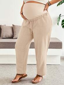 Plussiva 大尺碼孕婦可調腰帶綁帶休閒度假長褲附口袋 - 卡其色 - 查看 7