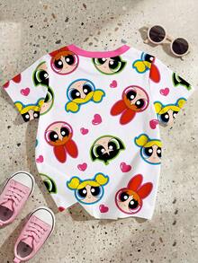THE POWERPUFF GIRLS X SHEIN GraphicGems 1件女嬰休閒可愛卡通印花圓領短袖T恤 - 彩色 - 查看 2