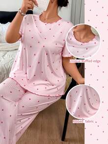 Napfluff CURVE Napfluff CURVE Conjunto de pijama acanalado para mujer talla grande con estampado romántico de corazones - Rosa - Ver 2