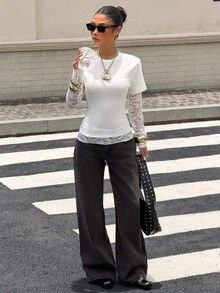 Muchica Women's Solid Color Lace Patchwork 2 In 1 T-Shirt Summer Women's Casual Elegant Solid Color Lace Patchwork Everyday Brunch Asymmetrical Hem T-Shirt - White - View 6