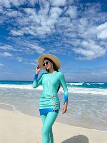 Swim Shayni 春夏熱銷海灘度假休閒三件套：長袖圓領上衣 + 鬆緊腰長褲 + 金屬飾邊裙 衝浪套裝 - 薄荷綠 - 查看 1