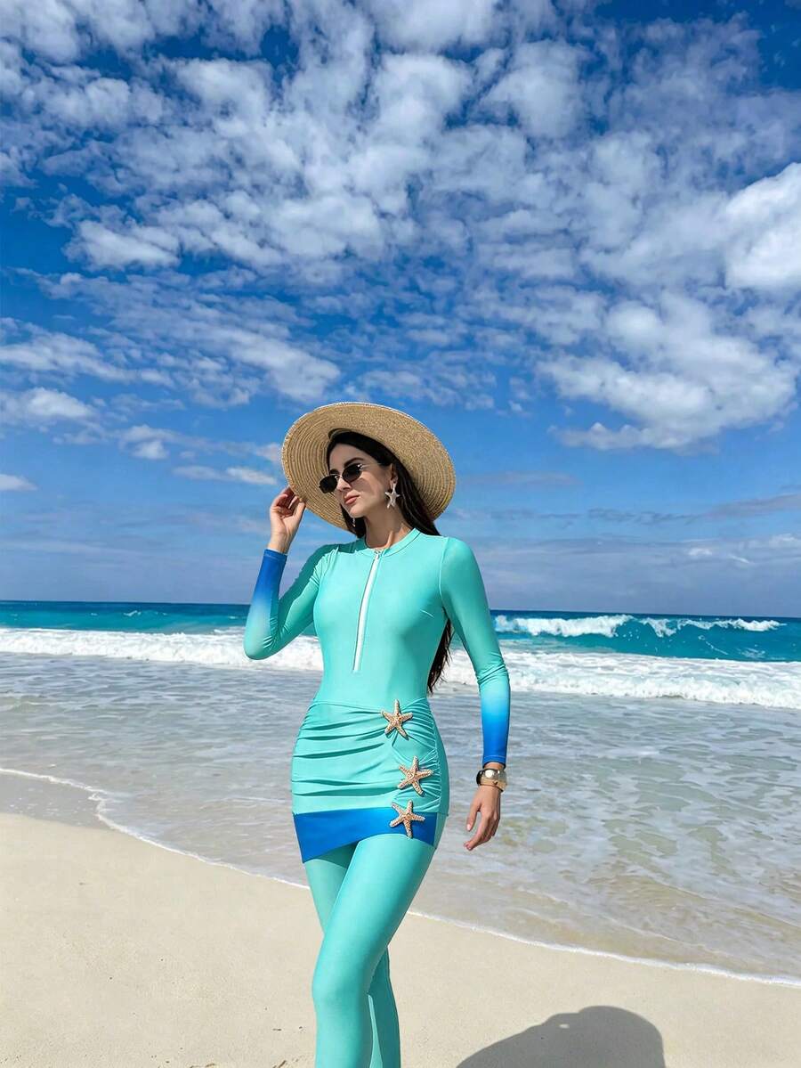 Swim Shayni 春夏熱銷海灘度假休閒三件套:長袖圓領上衣 + 鬆緊腰長褲 + 金屬飾邊裙 衝浪套裝 - 薄荷綠 - 查看 1