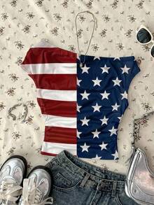 Attitoon Women's Off-Shoulder American Flag Print Ruched Casual Top - Multicolor - View 3
