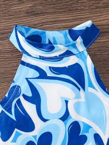 SHEIN Babygirl Casual Collared Sleeveless Asymmetric Hem Heart Print Tank Top And Flare Pants Set - Blue - View 6
