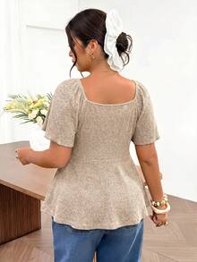 Lounesse 女款大尺碼V領短腰紋理棕色長袖T恤，休閒百搭T恤，荷葉袖收腰上衣，前領蝴蝶結設計，優雅上衣，優雅T恤，通勤商務上衣，棕色上衣 - 卡其色 - 查看 3