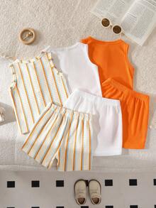 SHEIN Vintaside Kids 6件/套男嬰夏季簡約純色套裝，包含無袖背心上衣與配套短褲，咖啡色、杏色與藍色，寬鬆版型適用於休閒、戶外、派對場合 - 橘色 - 查看 2