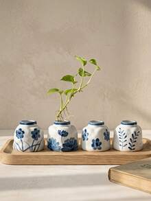 Cirelle 1 pieza/2 piezas Maceta pequeña asimétrica para plantas hidropónicas, cerámica esmaltada lisa con patrones de flores azules vintage pintados a mano, estructura impermeable para el cultivo de raíces de plantas, pequeño contenedor decorativo para escritorio de estudio, estantería de dormitorio y exhibición en mostrador. - Multicolor - Ver 5