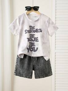 SHEIN 兒童小男孩/小女孩 2件組 春夏時尚休閒紮染短袖T恤與牛仔短褲套裝，小男孩夏季服飾套裝，柔軟牛仔牛仔褲 - 黑色 - 查看 8