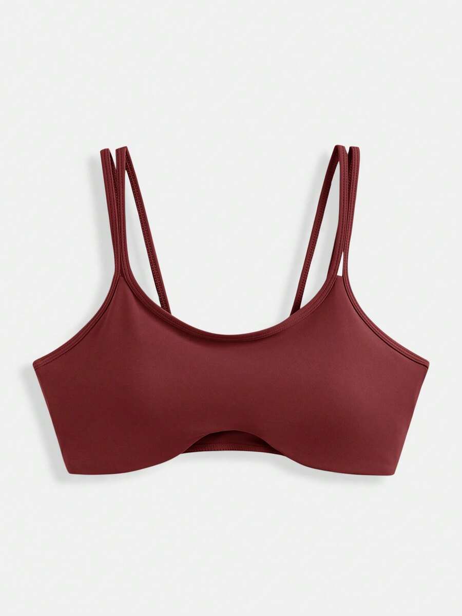 SHEIN Cheerettes 女款純色休閒百搭細肩帶運動內衣 - 酒紅色 - 查看 1