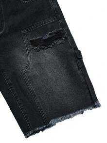 Manfinity Roughcore Men's Casual Street Wear Distressed Washed Denim Shorts, Holiday - Black - View 3