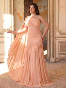Aureia Plus Size Elegant Romantic Conservative One-Shoulder Pleated Ruched Waist A-Line Dress, Suitable For Evening Party, Single Party, Date, Ball, Vacation, Wedding, Bridesmaid - Orange - View 2