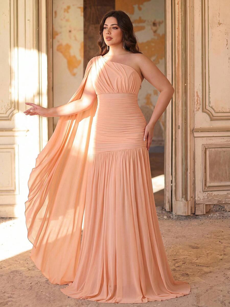 Aureia Plus Size Elegant Romantic Conservative One-Shoulder Pleated Ruched Waist A-Line Dress, Suitable For Evening Party, Single Party, Date, Ball, Vacation, Wedding, Bridesmaid