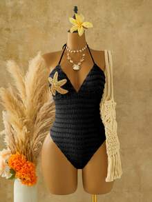 SHEIN Swim 夏季新款女款連身泳衣，黃色紋理布料搭配藍色星星裝飾，掛脖設計，適合海灘、沙灘、游泳、泳池、度假，甜美風格，度假風，連身泳衣 - 黑色 - 查看 2