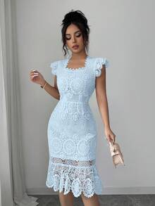 Elenzga Vestido ajustado elegante de mujer con malla floral de unicolor y diseño calado - Celeste - Ver 5