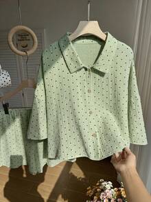 Comfortcana 春夏鼠尾草綠舒適亞麻襯衫與短褲休閒可愛90年代度假大尺碼兩件套休假正式居家穿著 - 綠色 - 查看 5