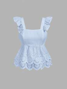 SHEIN MOD 女款夏季休閒純色鏤空刺繡上衣 - 淺藍色 - 查看 4