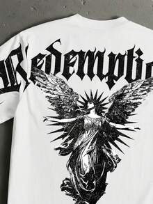 Manfinity Roghcode Men's Summer Casual Angel Letter Print Loose Drop Shoulder T-Shirt - White - View 2