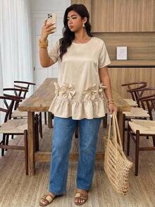 SHEIN CURVE+ Plus Size Women's Solid Color Round Neck Short Sleeve Shirt With 3D Floral Decor And Ruffle Hem 3d Flower Top Peach Top Elegant Top Holiday - Khaki - View 5