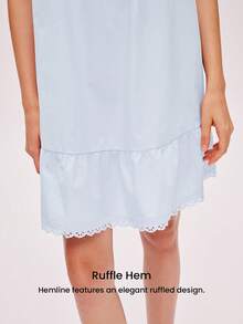 LUVLETTE Camisón sexy de mujer de 100% algodón puro transpirable con bordado floral azul y ribete de encaje, pijama - Azul - Ver 4