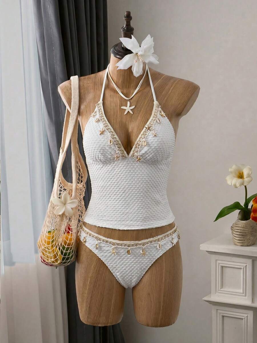Bellisia 波希米亞風貝殼流蘇女款兩件式比基尼泳衣,掛脖V領抓皺設計,海灘度假泳裝 - 白色 - 查看 1