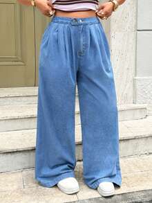 Rivivi High Waist Loose Pleated Double Button Plus Size Denim Jeans Light Blue Summer Simple - Blue - View 9