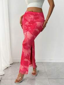 SHEIN Raffinéa Women Gradient Printed Casual Split Back Skirt - Baby Pink - View 4