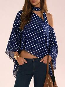 Avenya Polka Dot Asymmetrical Shoulder Chiffon Cape Top - Multicolor - View 3