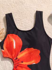 SHEIN 少女黑白撞色花卉拼接连体泳衣，可爱休闲日常海滩度假泳装 - 黑色 - 查看 5