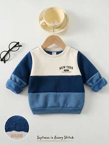 Cozy Pixies Unisex Loose Color Block Patchwork Blue Fleece Thick Pullover Pullover Sweatshirt, Suitable For Winter - Multicolor - View 3