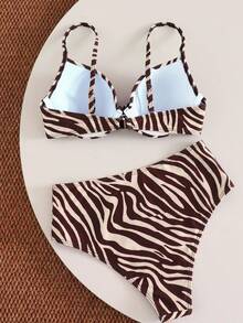 SHEIN Swim 2025 女款夏季海灘豹紋性感比基尼兩件式泳衣套裝 - 棕色 - 查看 3