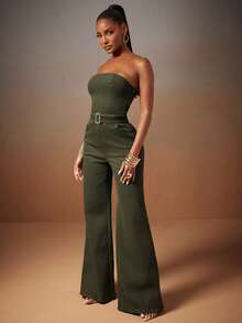 NYA SZN Jumpsuit Buckle Detail Strapless Beach Poolside Yatch Brunch Casual Everyday Summer Statement Unique Outfits For Women - Green - View 7