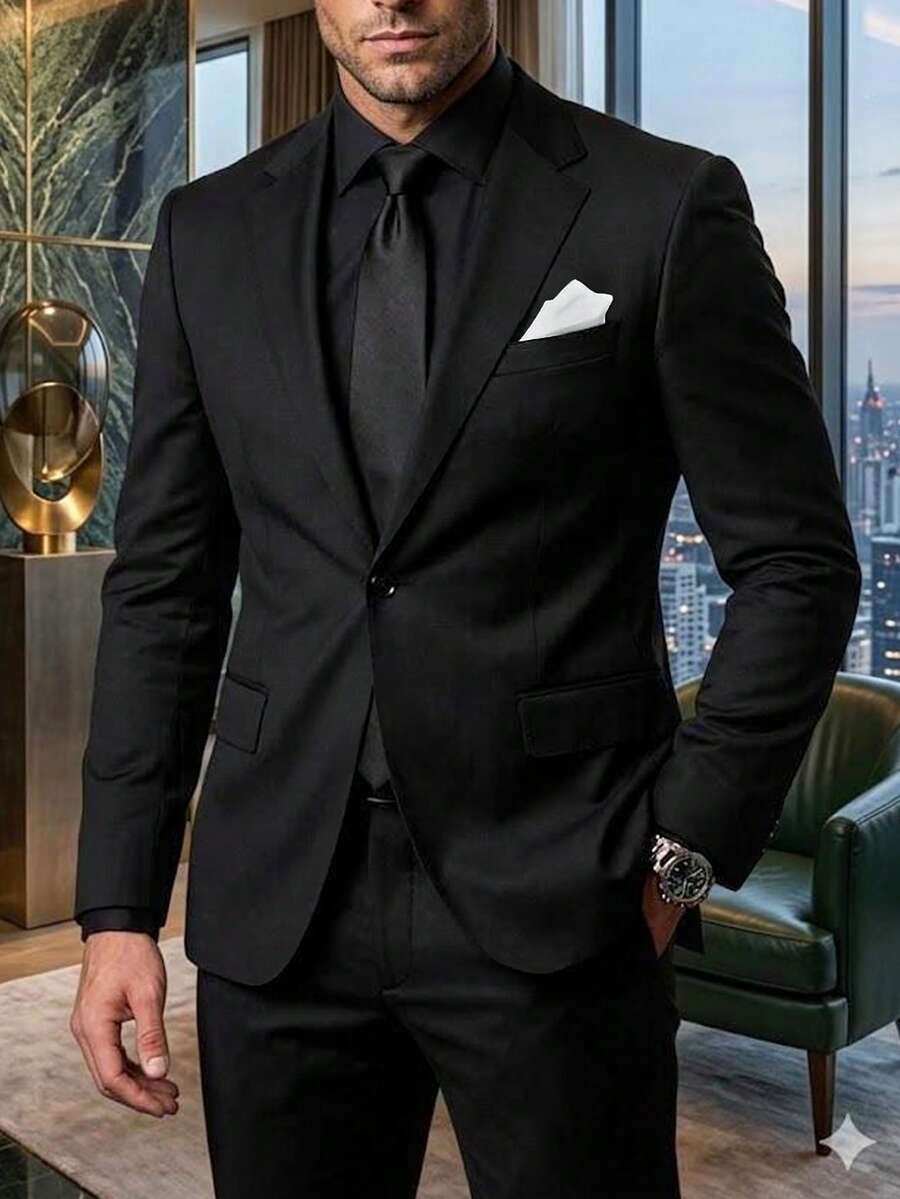 Manfinity Mode Conjunto de traje elegante negro de otoño para hombre, conjunto de blazer y pantalones de traje formal de un solo pecho casual de negocios, diseño de solapa con muesca para el desplazamiento diario, ceremonia - Negro - Ver 1