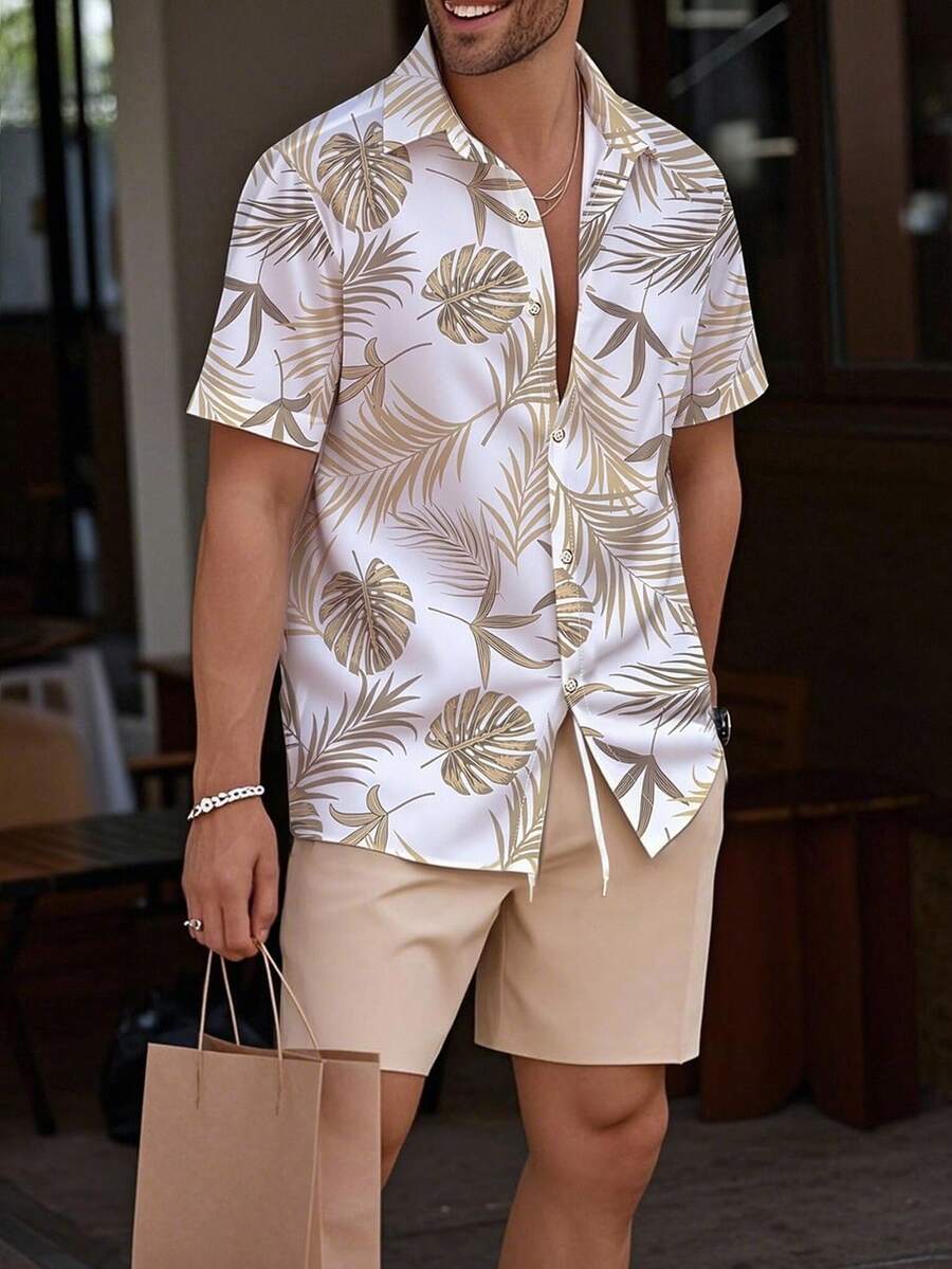 Genlund 男士前扣短袖印花休闲上衣和短裤夏威夷套装,热带夏季服装,度假套装,舒适装扮,假日休闲装 - 卡其色 - 查看 1
