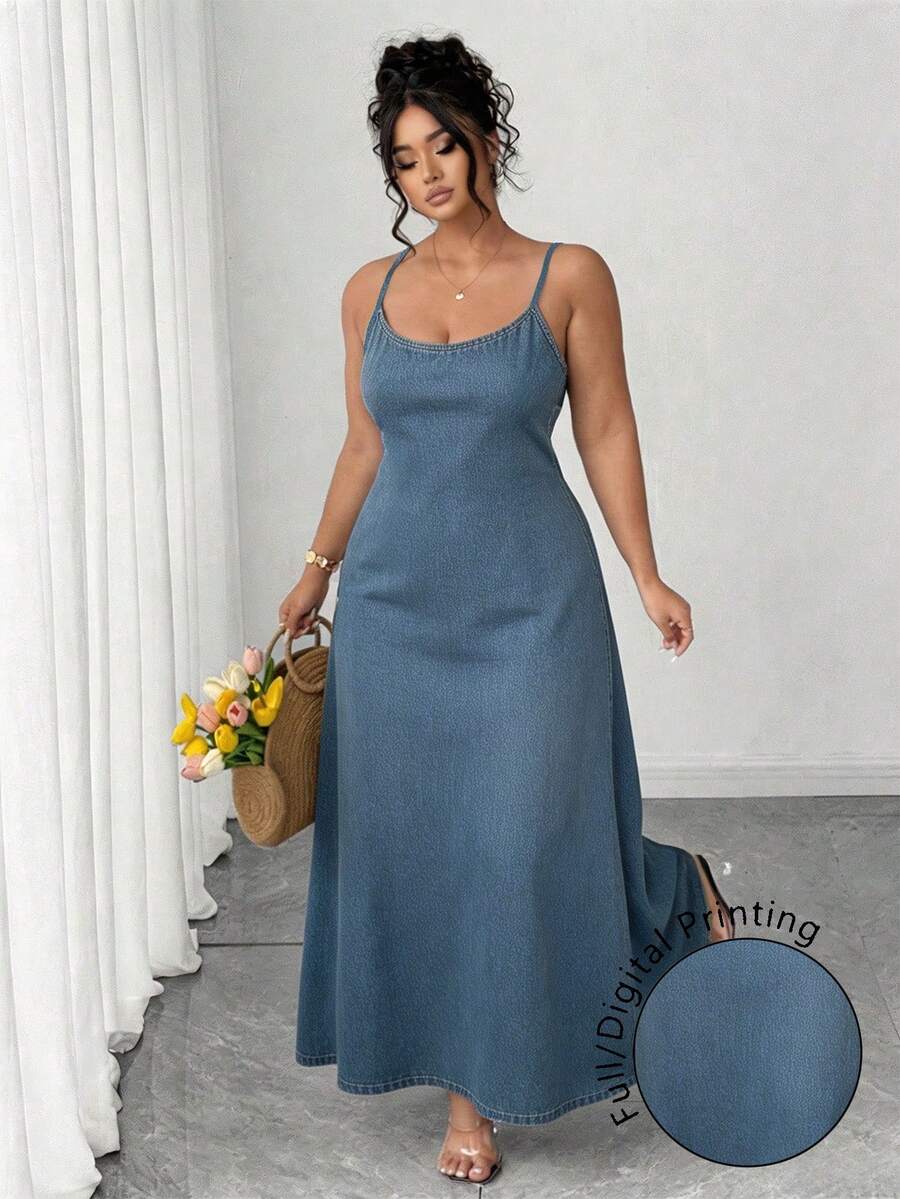 Elenzga Vestido de tirantes finos azul minimalista talla grande - Multicolor - Ver 1