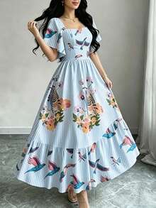 Modelyn 女款優雅熱帶植物與鸚鵡印花洋裝，時尚方領大荷葉袖短袖洋裝，裙襬荷葉邊設計，花卉圖案淺藍條紋長洋裝，波希米亞風格女裝，適合夏季度假與日常穿著 - 彩色 - 查看 4