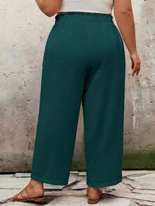 SHEIN CURVE+ 大码休闲纯色宽松长裤，适合夏季/乡村/海滩度假穿着/海滩装/沙滩服饰 - 墨綠色 - 查看 2