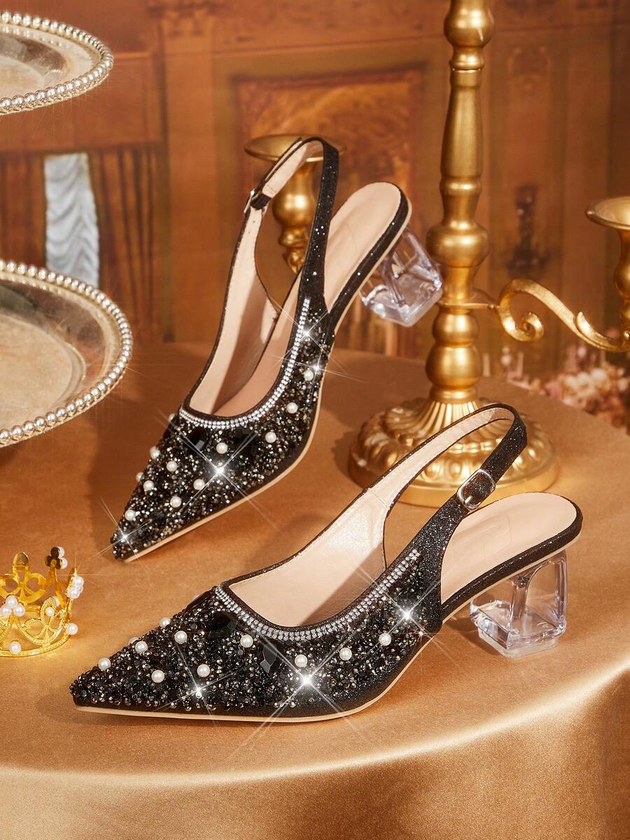 CUCCOO TILAWA Women's Crystal Heel Glass Rhinestone Pointed Toe Pink High Heel Pumps, Suitable For Outings, Banquets, Parties And Other Events - Graphite Black - View 1