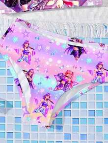 K-Pop Superstars Cartoon Young Girls Portrait Fitted Camisole & Bikini Swimwear Set,Vibrant Gradient Color Pattern,Summer,Beach,Holiday - Multicolor - View 5