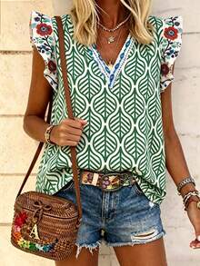EMERY ROSE Women's All-Over Print V-Neck Summer Ruffle Casual Blouse - Multicolor - View 4